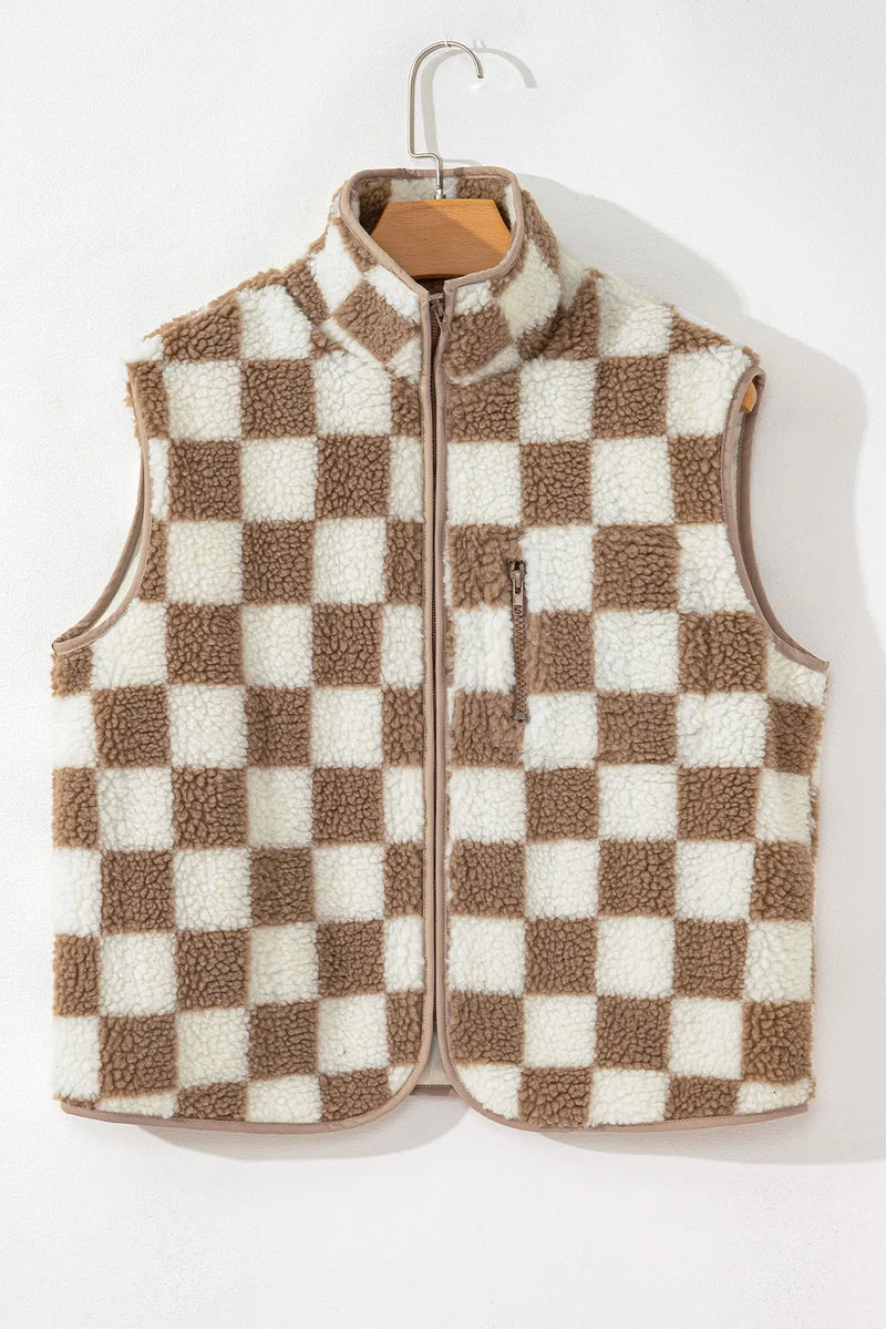 Checkered Zip Up Vest Coat with Pockets