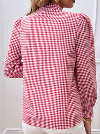 Pocketed Plaid Tie Neck Long Sleeve Shirt