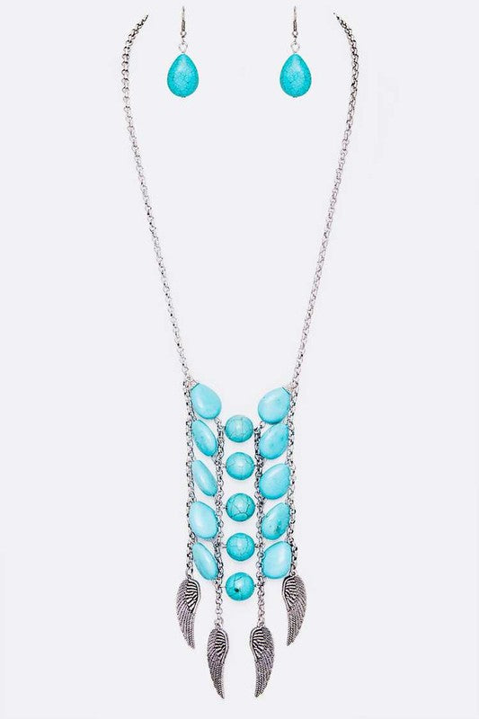 Feather Charm Stone Statement Necklace Set