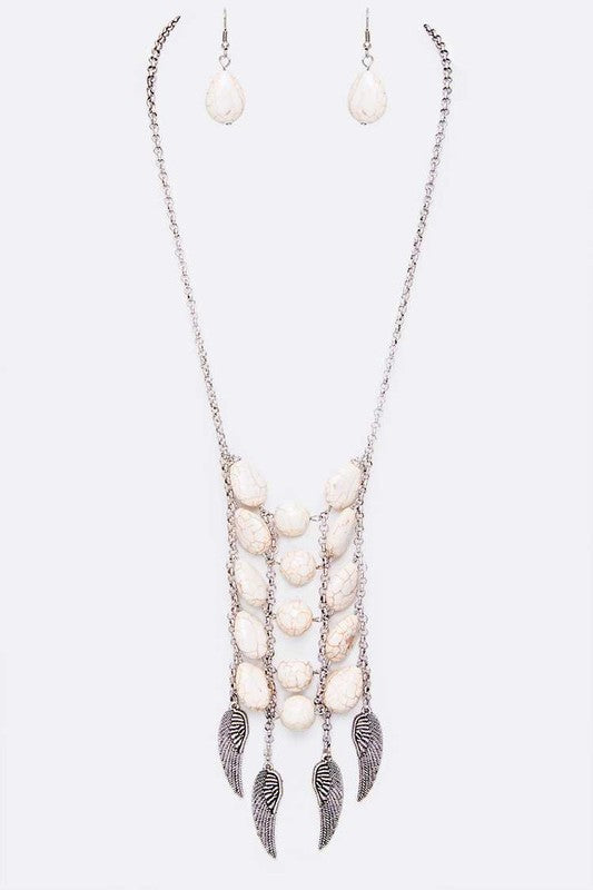 Feather Charm Stone Statement Necklace Set