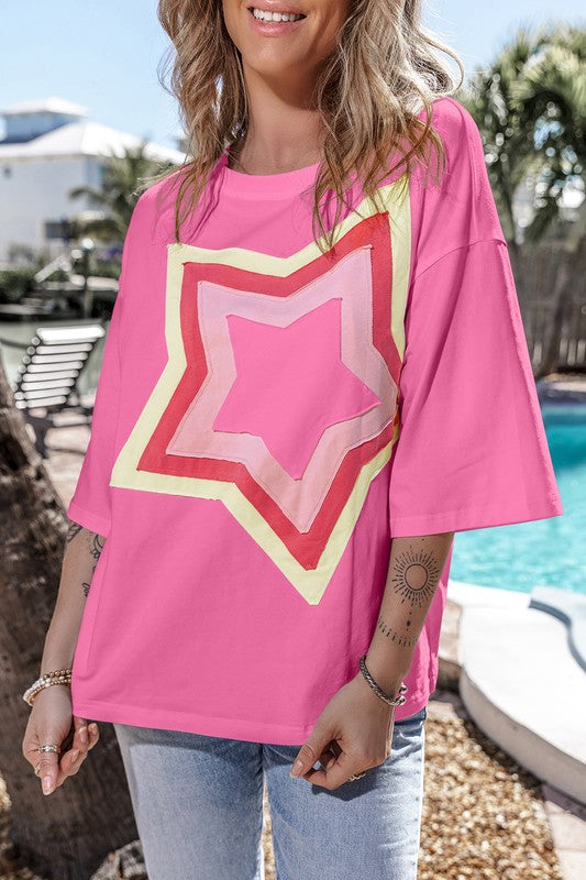 Colorblock Star Patched Half Sleeve Oversized Tee
