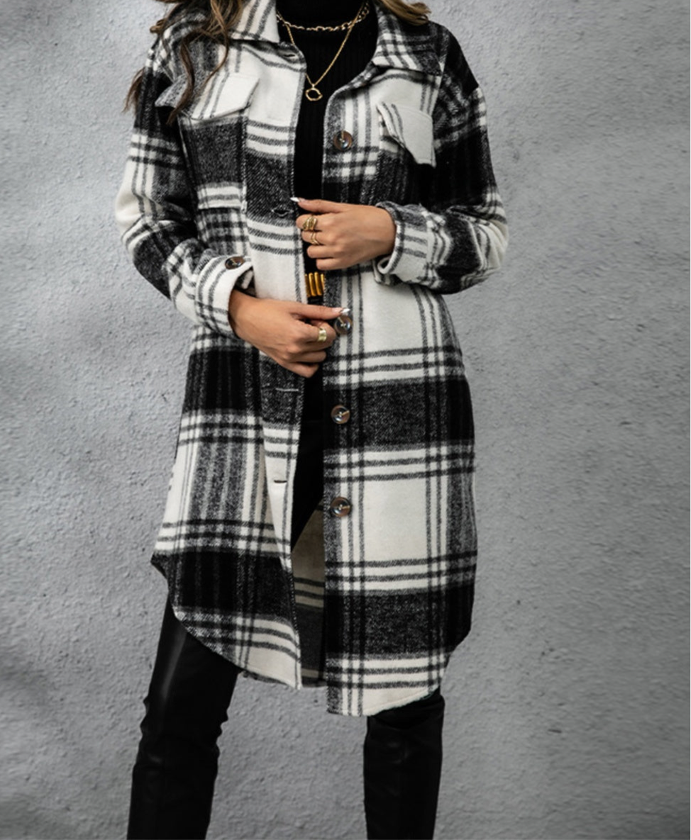 Plaid Collared Neck Long Sleeve Coat