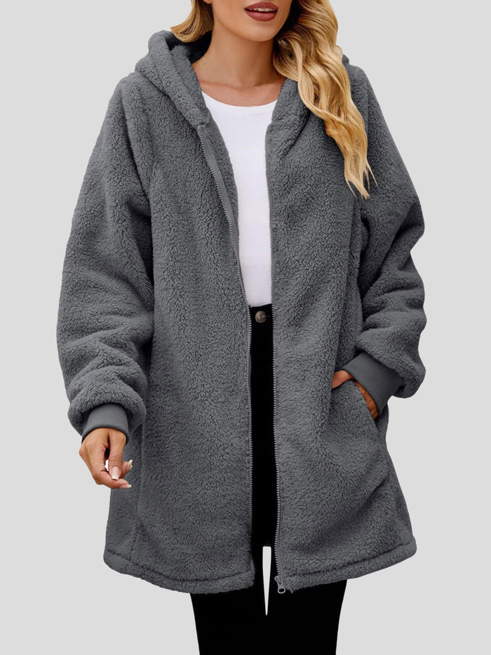 Fuzzy Pocketed Zip Up Long Sleeve Hooded Jacket