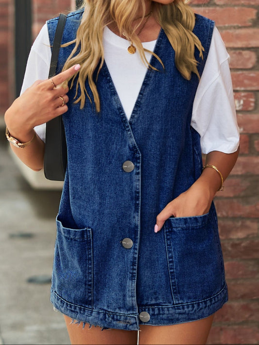 Full Size V-Neck Button Up Denim Vest