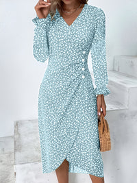 Full Size Printed Surplice Long Sleeve Midi Dress