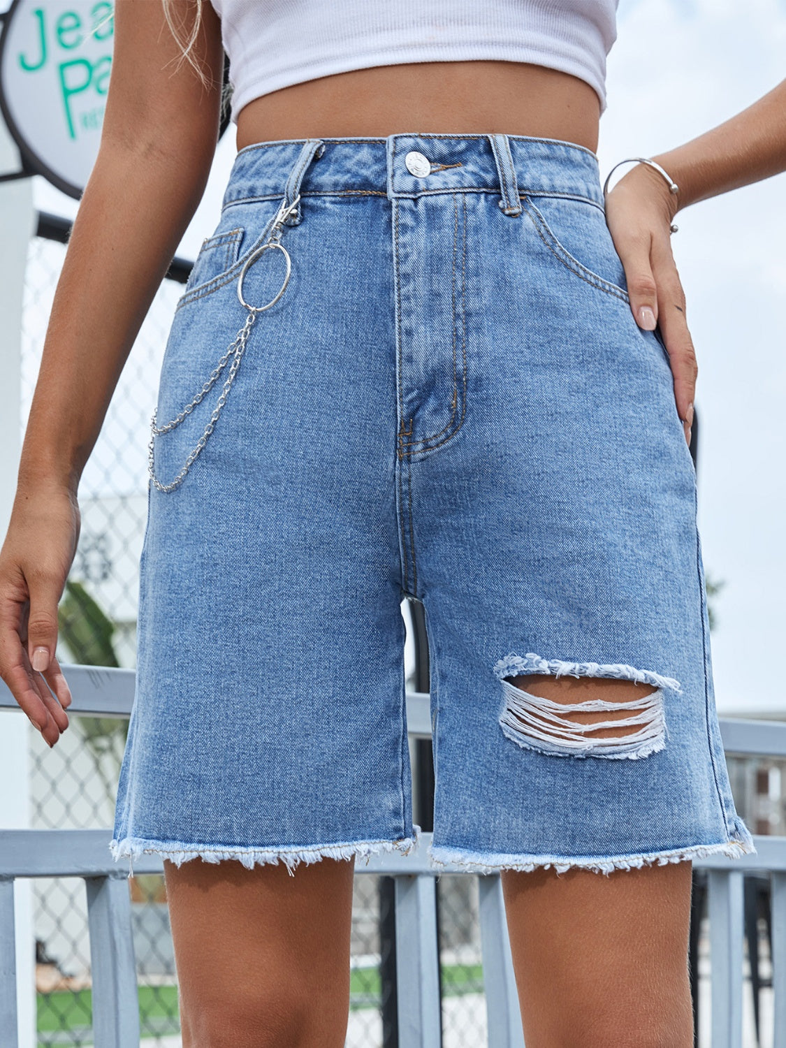 Distressed Raw Hem Denim Shorts