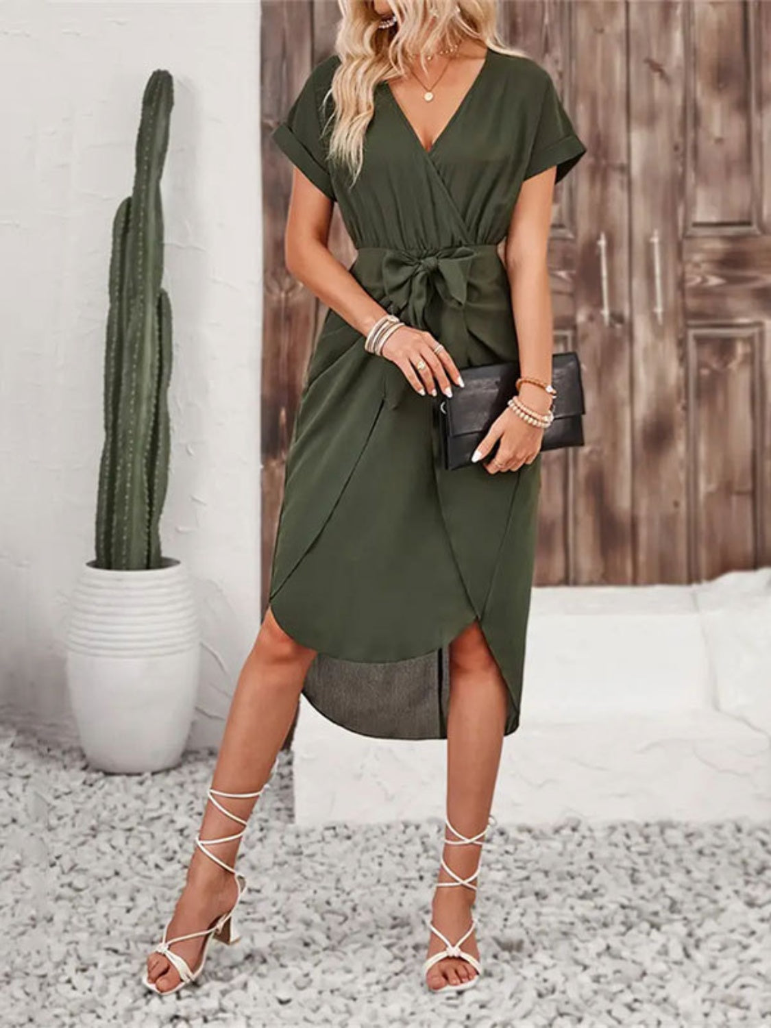 Tied Surplice Short Sleeve Dress