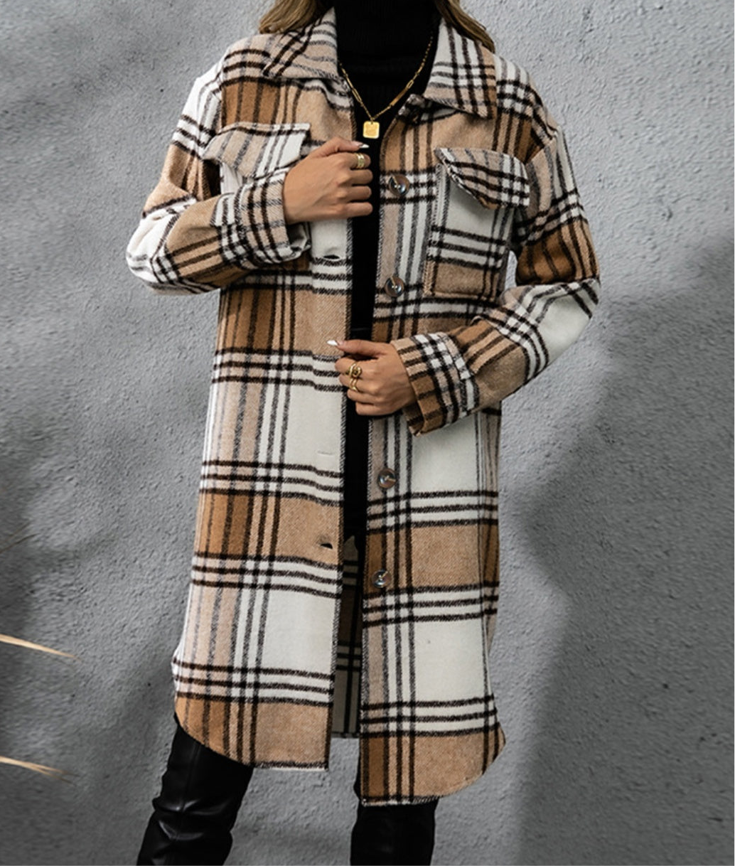 Plaid Collared Neck Long Sleeve Coat