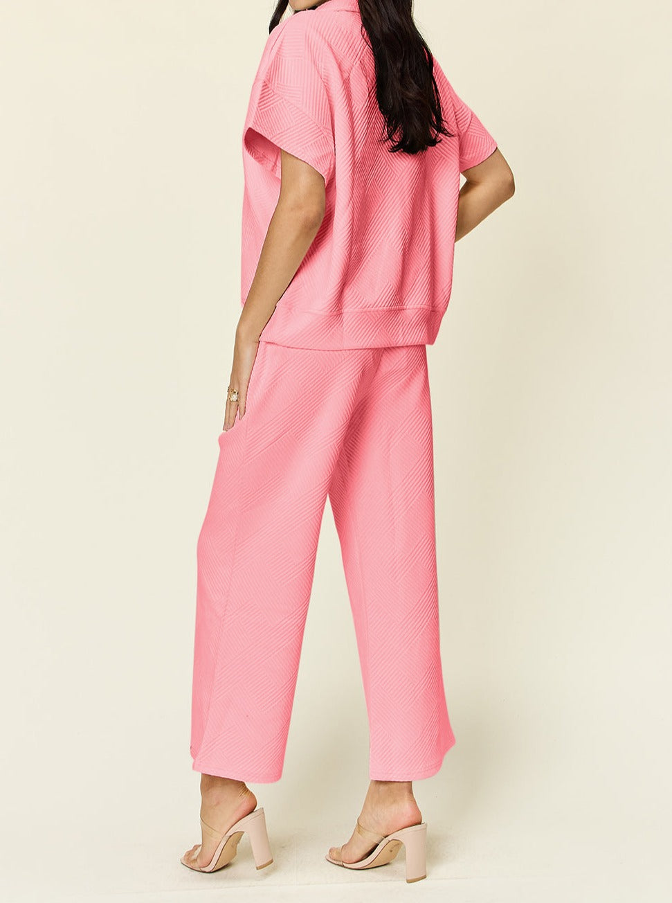 Double Take Full Size Texture Half Zip Short Sleeve Top and Pants Set