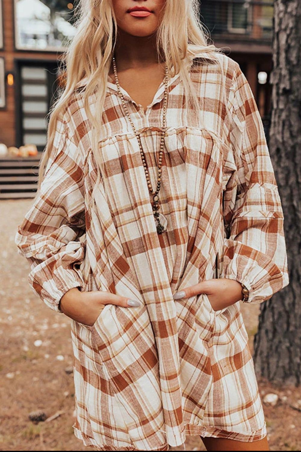 Plaid Collared Neck Long Sleeve Mini Shirt Dress