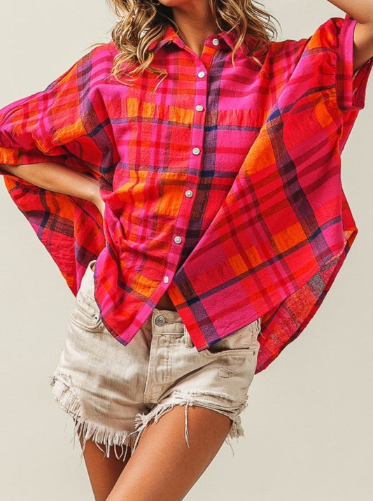 BiBi Button Up Dolman Sleeve Plaid Shirt