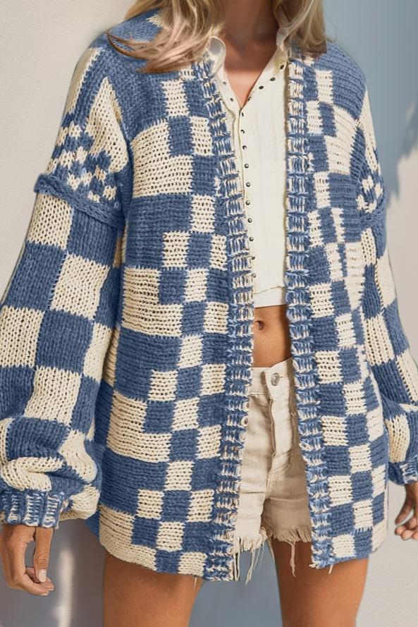 Double Take Full Size Open Front Checkered Drop Shoulder Cardigan