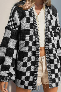 Double Take Full Size Open Front Checkered Drop Shoulder Cardigan