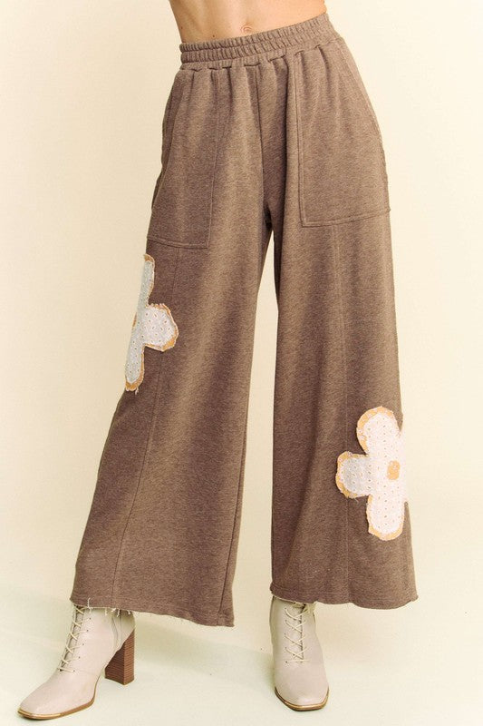 Davi & Dani Flower Patch Elastic Waist Wide Leg Pants