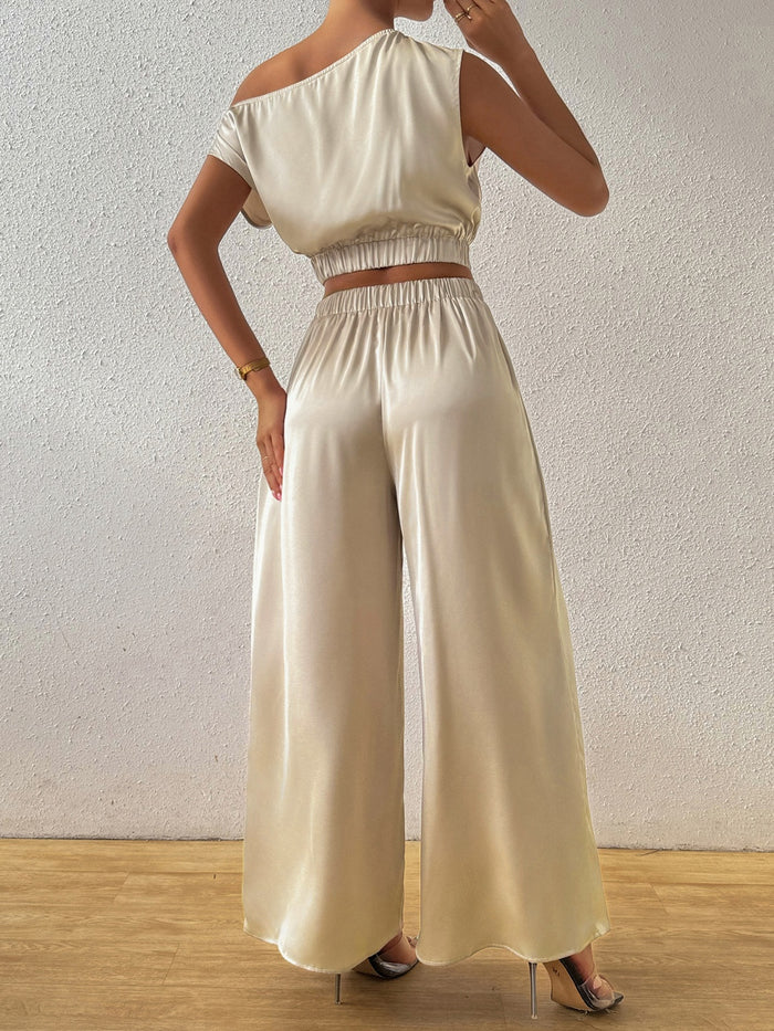 One Shoulder Short Sleeve Top and Wide Leg Pants Set