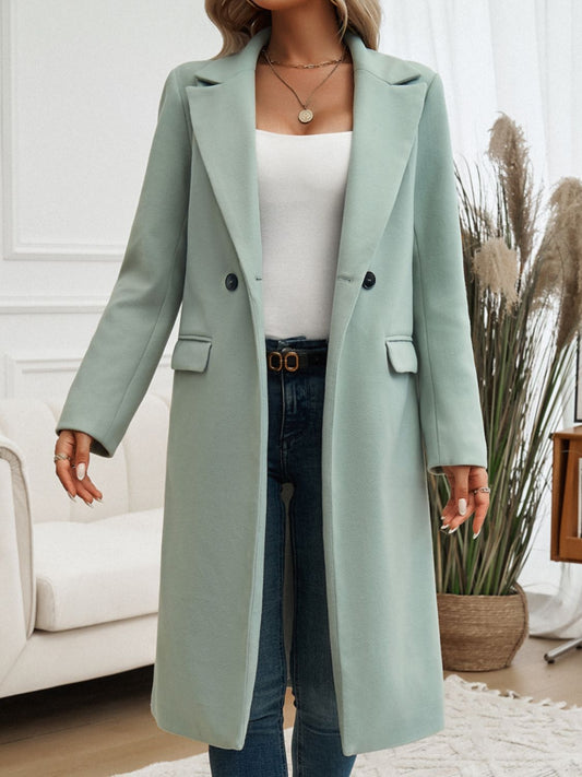 Pocketed Collared Neck Long Sleeve Coat