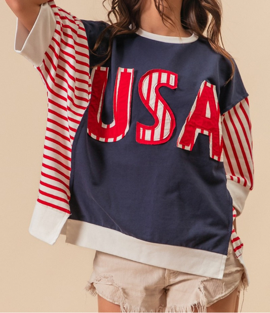 BiBi USA Letter Patchwork Contrast Short Sleeve T-Shirt