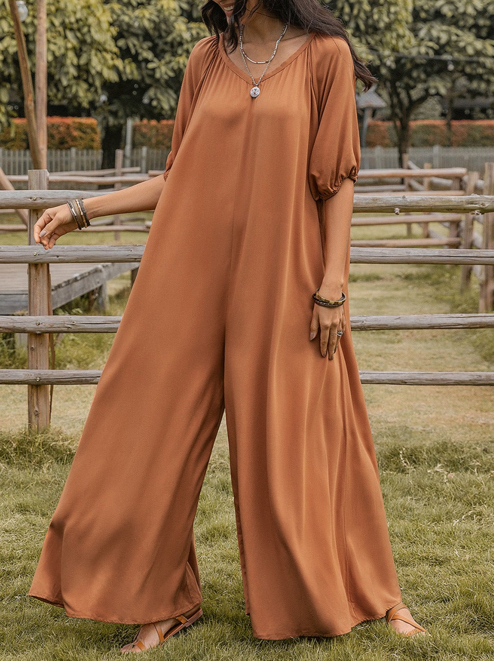 Scoop Neck Half Sleeve Wide Leg Jumpsuit