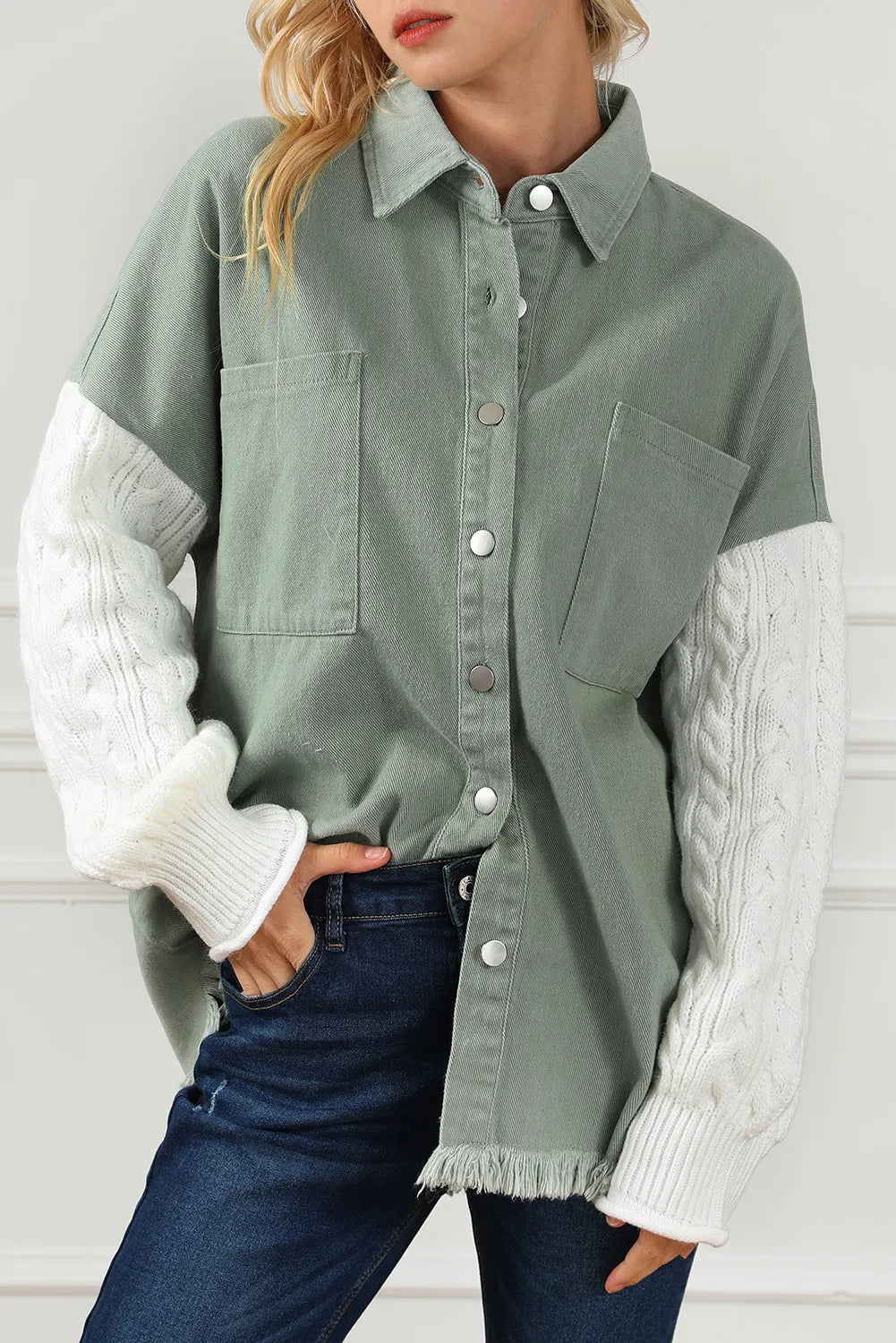 Raw Hem Collared Neck Button Up Long Sleeve Jacket