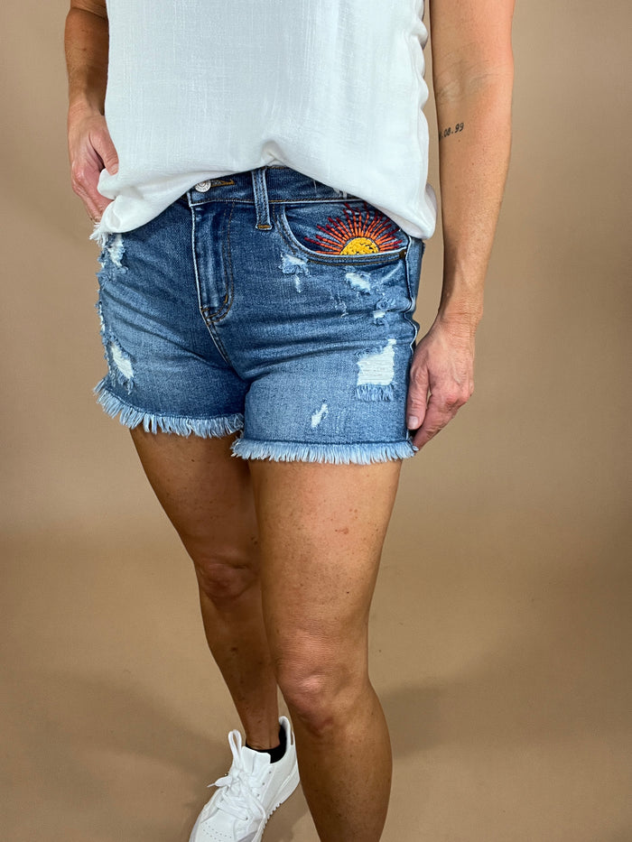 Judy Blue hi-rise sun embroidery cutoff shorts