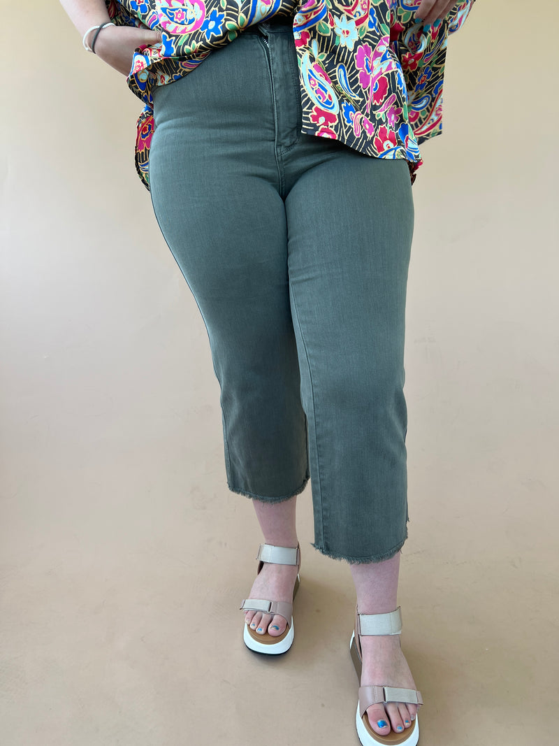 Olive Green Judy Blue Cropped Jeans