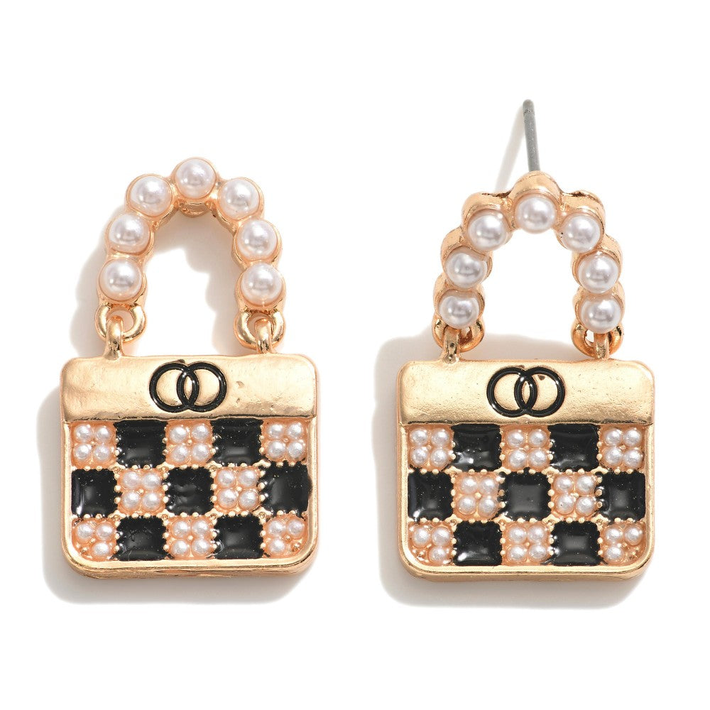 Gold Tone Enamel Purse Drop Earrings With Pearl Accent