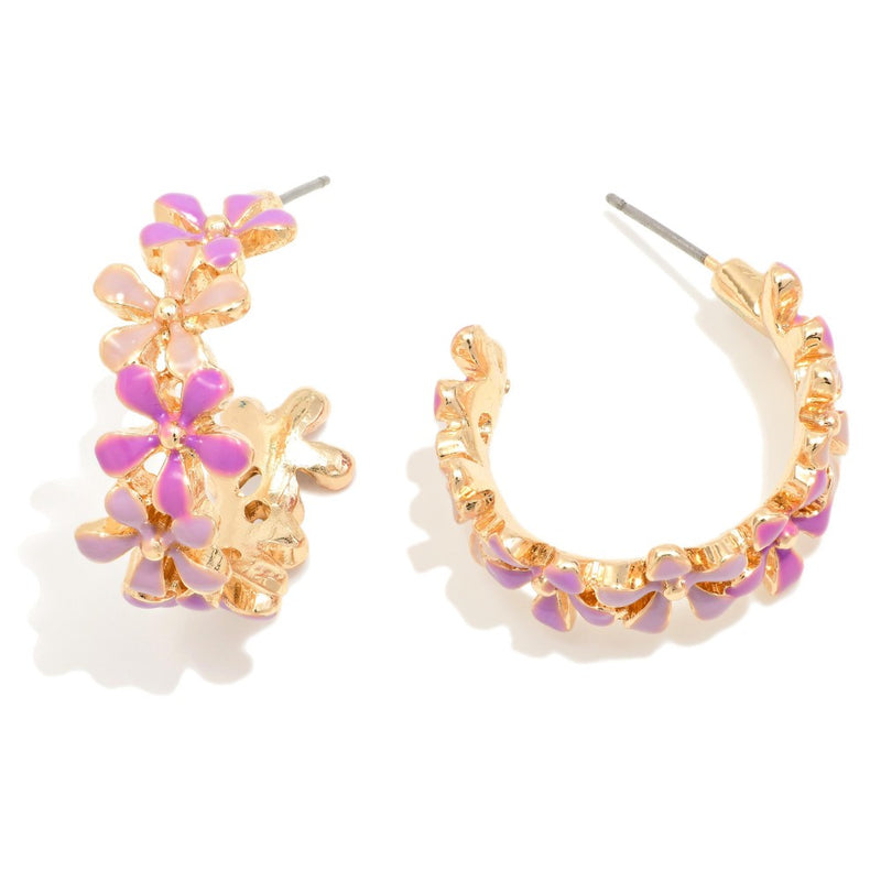 Metal Drop Hoop Earrings with Flowers