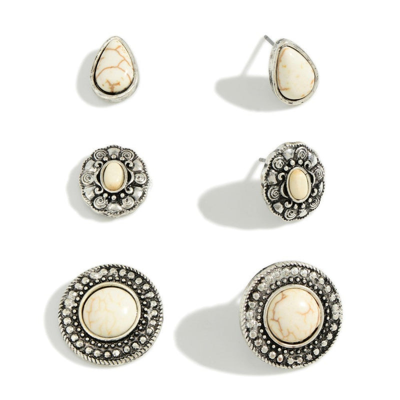 Set of Three Silver Tone Natural Stone Earrings *2 colors*