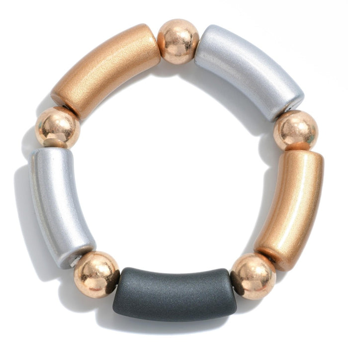 Tube Bead Stretch Bracelet with Gold Tone Bead Accents - 3 colors - Jewelry 83