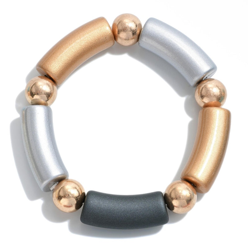 Tube Bead Stretch Bracelet with Gold Tone Bead Accents - 3 colors - Jewelry 83