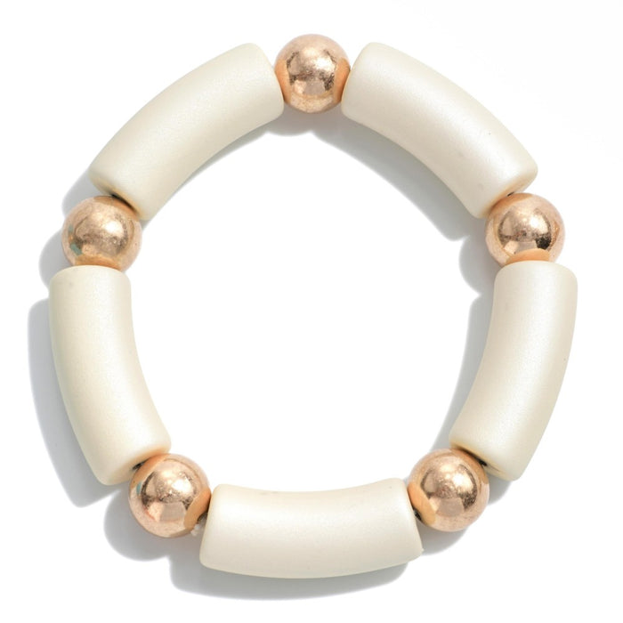 Tube Bead Stretch Bracelet with Gold Tone Bead Accents - 3 colors - Jewelry 83