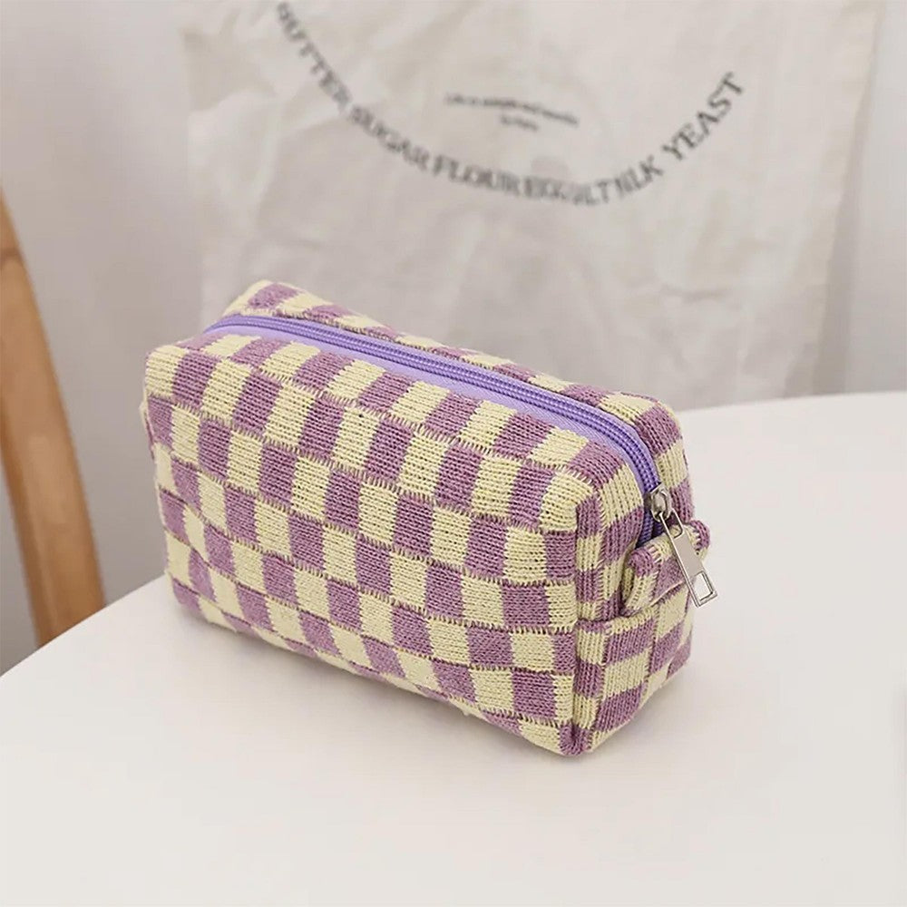 Knit Checkered Makeup / Travel Pouch - Purple