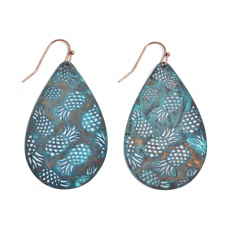 Metal filigree pineapple teardrop earrings