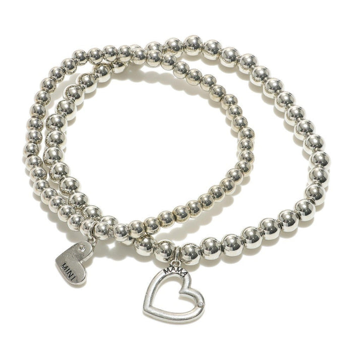 Matching Mother and Daughter Beaded Stretch Bracelets Featuring 'Mama & Mini' Heart Charms