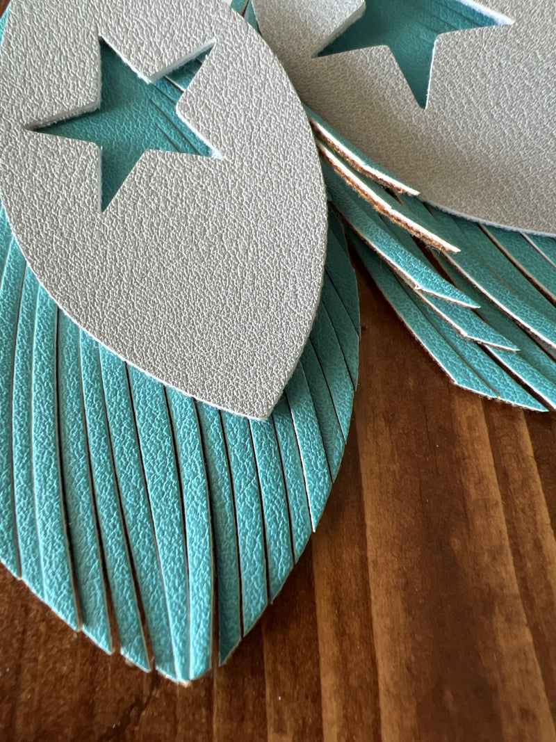 Faux leather feathered tassel star statement earrings