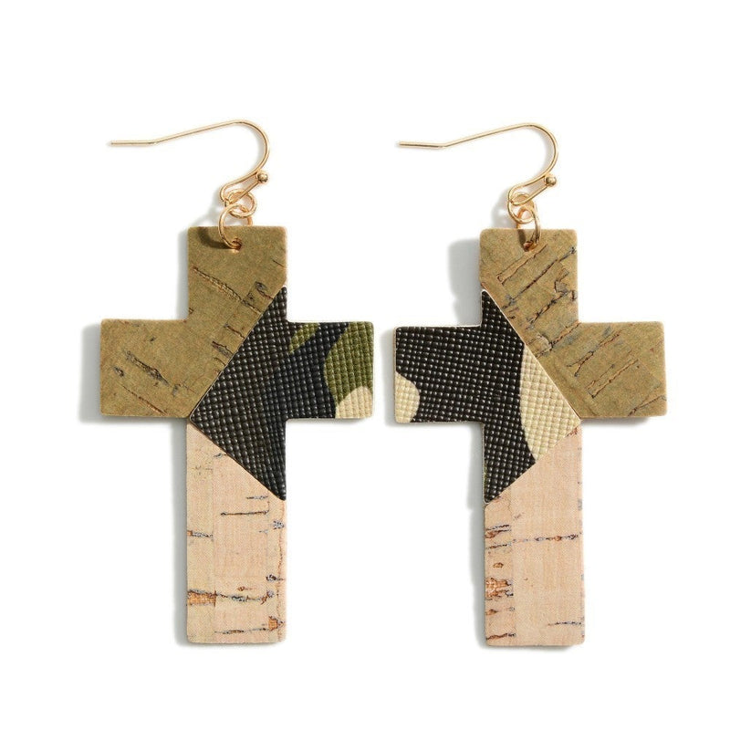 Leather Mosaic cross earrings