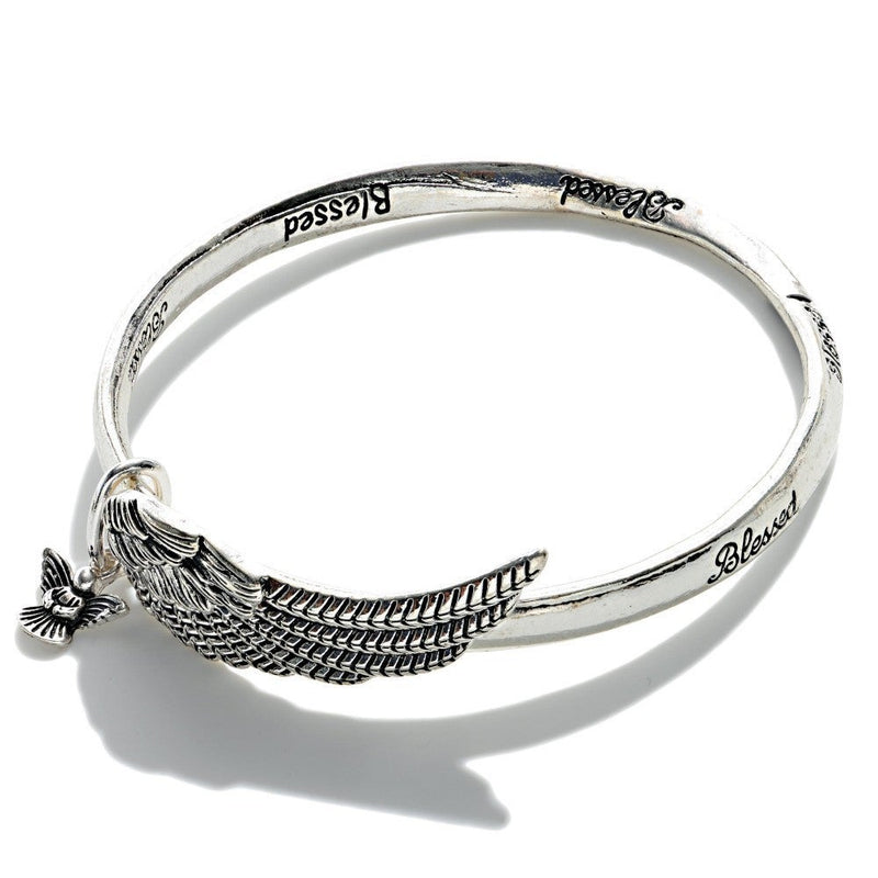 Silver Tone 'Blessed' Metal Bangle Bracelet Featuring Angel Charm